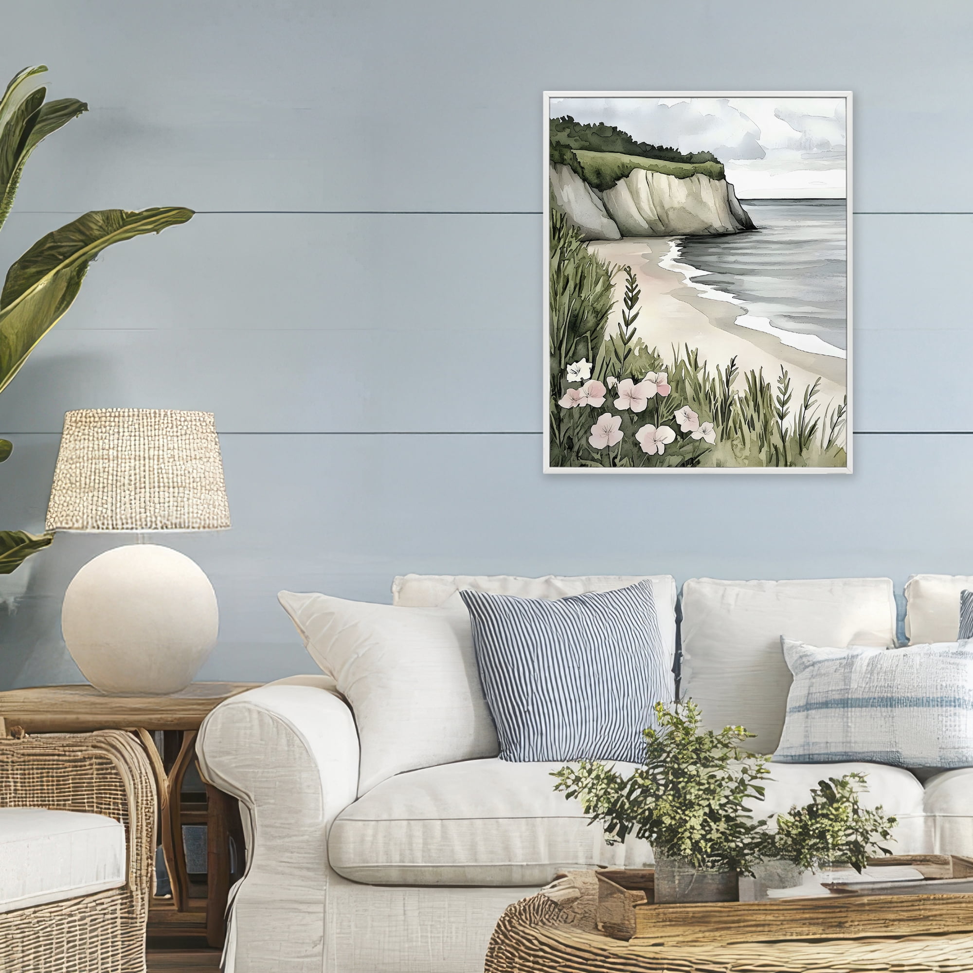Stupell Industries Coastal Calm with Floral Blooms White Framed Giclee Art, design by Riley B