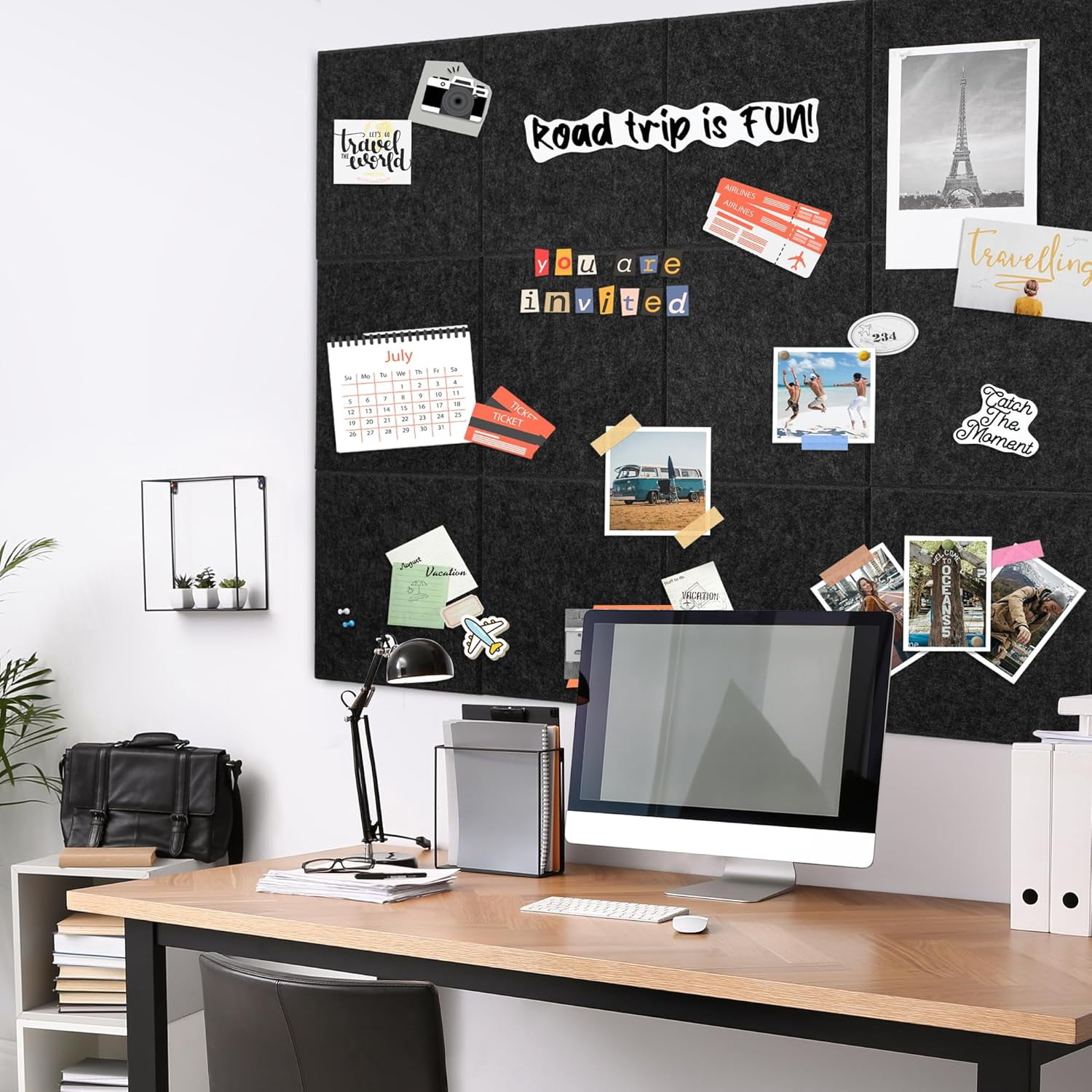 Cork Board for Wall, 48" x 36" Bulletin Board with Pushpins, 12 Panels Felt Tiles Tack Push Pin Board for Office, Black