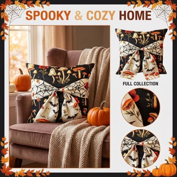 Halloween Throw Pillow Covers 18x18 Inch, Printed Decorative Square Pillowcases, Farmhouse Holiday Cushion Covers for Couch Sofa Living Room Bedroom Outdoor Home Decor