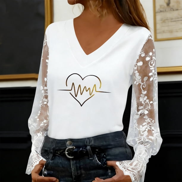 Xuyuer Women's Romantic Lace Insert V-Neck Blouse with Floral Print and Delicate Sleeves, Feminine Elegant Top for Date Nights, Garden Parties and Special Occasion Outfits