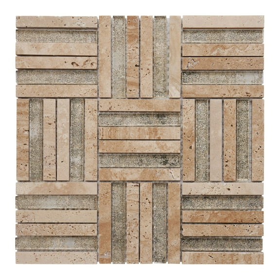 Modket TDH348NS Beige Sand Travertine Marble Stone Gold Sand Glass Mosaic Tile Wall Backsplash