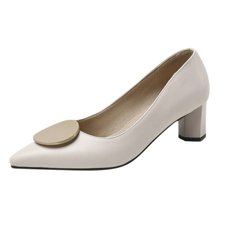 

SEMIMAY Women s Simple And Stylish Solid Color Spring And Summer Plain Simple Thick Heel Pointed Single Shoes Low Top Shoes Beige