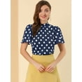 thumbnail image 3 of Blusa Corta Manga Acampanada Ojo De Cerradura En La Espalda Plisado Cuello Alto Lunares Allegra K Azul Marino XL, 3 of 6