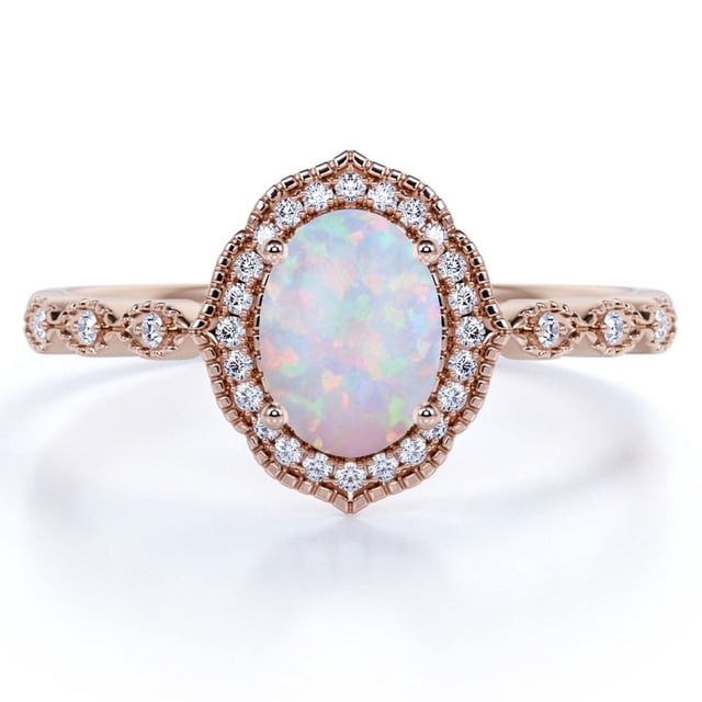 JeenMata Anillo de Bodas de 1 Uds con Halo de Moissanita y Ópalo Ardiente Ovalado Real Estilo Art Déco Vintage en Oro Rosa de 18 K sobre Plata