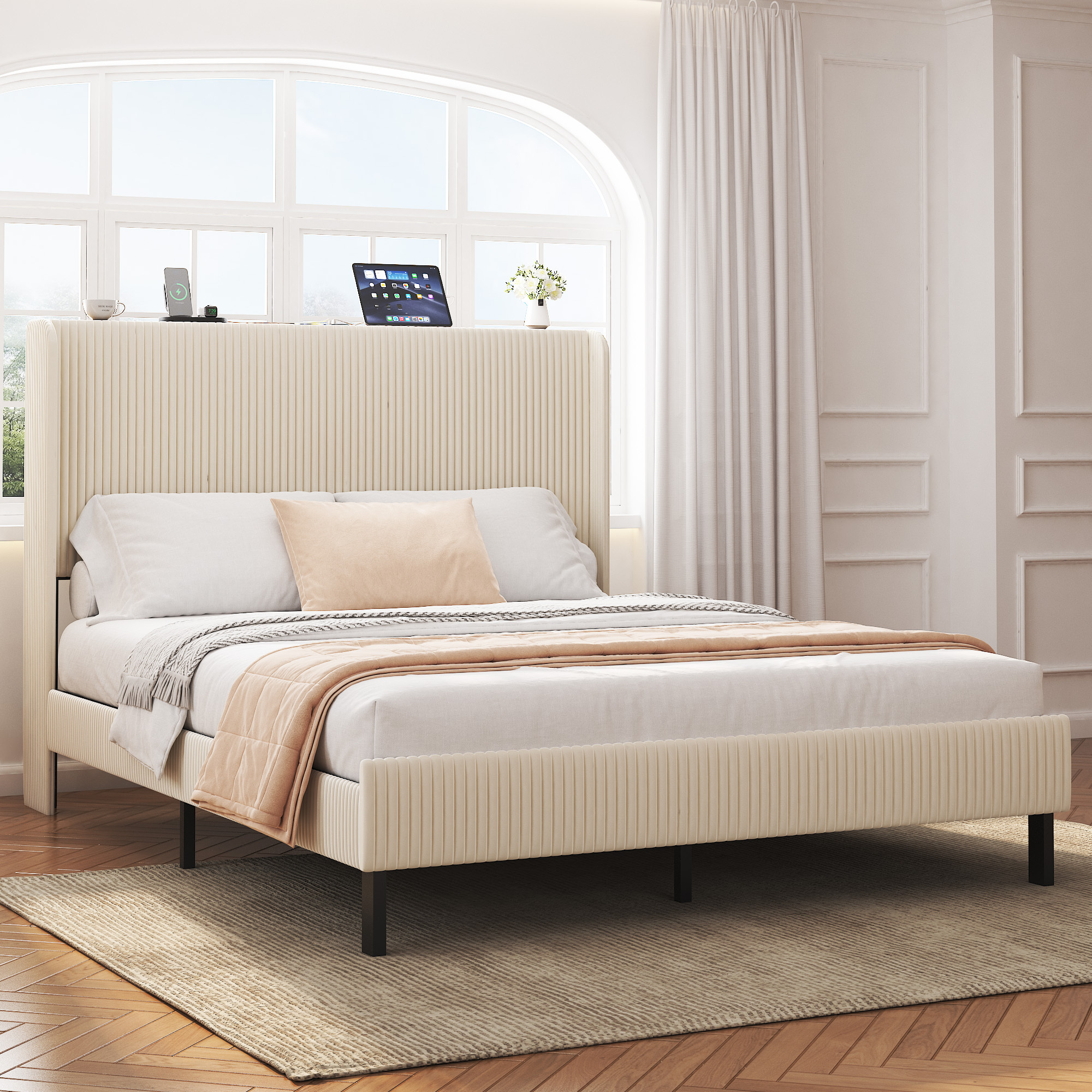 Queen Size Bed Frame with Charging Station, Upholstered Platform Bed with Wingback Headboard, No Box Spring Needed, Noise Free, Easy Assemble, Beige