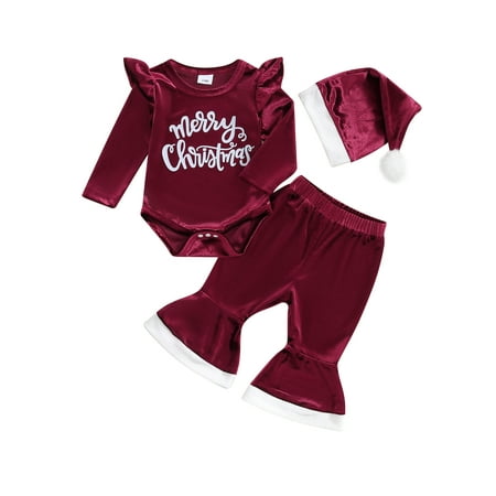 

Christmas Baby Girl Outfit Long Sleeve Velvet Romper Flare Pants Santa Hat Newborn Xmas Clothes Set