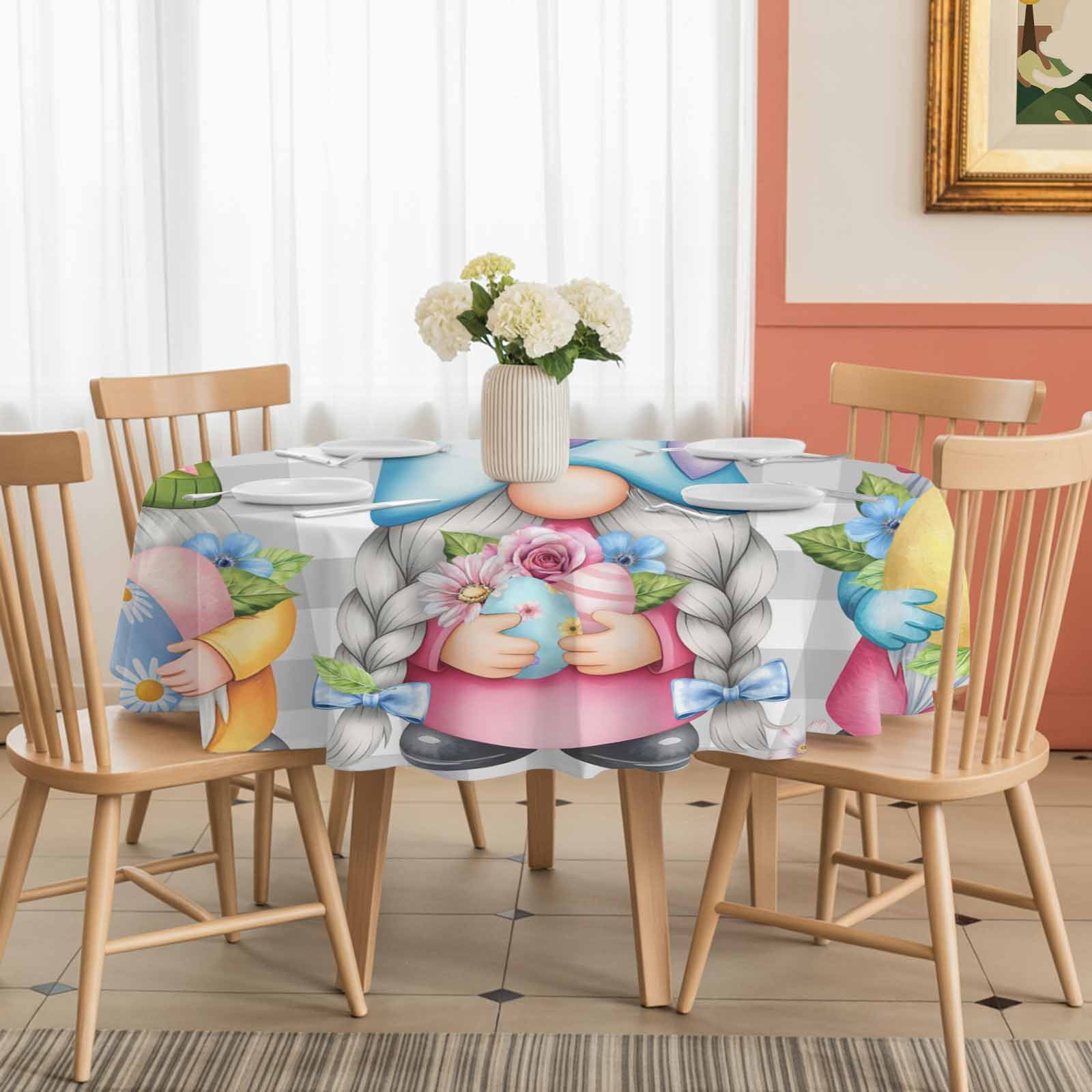 Round Tablecloth Spring Gnomes Easter Waterproof Oil Proof Polyester Table Cloth Cover Decor for Home Dining Outdoor,Patio,Parties, 54" Dia. Flowers Butterflies Grey Plaid