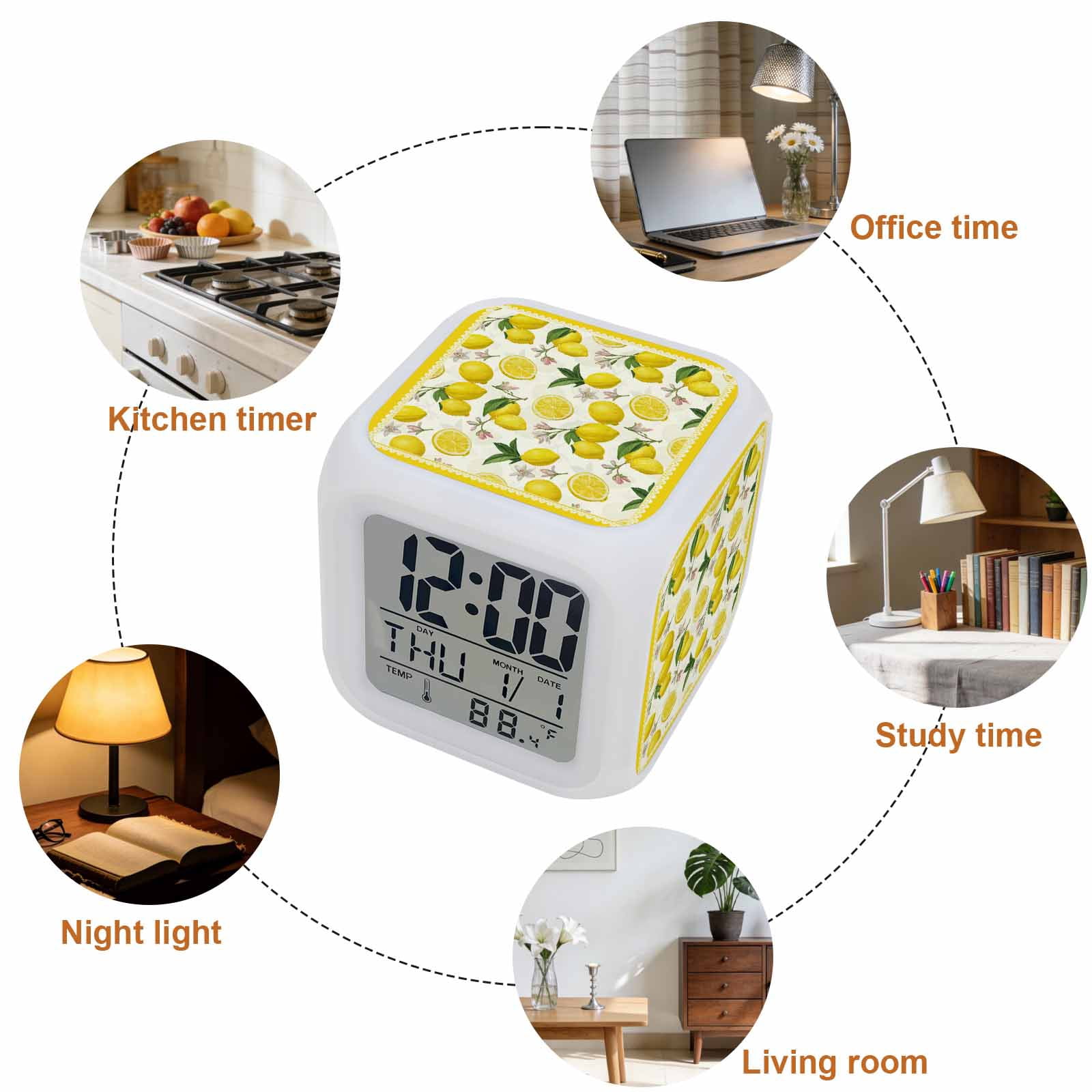 Yellow Summer Lemon Digital Alarm Clock for Bedrooms, Smart LED Alarm Clock with 7 Color Changing Night Light, Summer Botanical Watercolor Silent Wake Up Clocks for Sleep Study Cooking 3.2"x3.2"