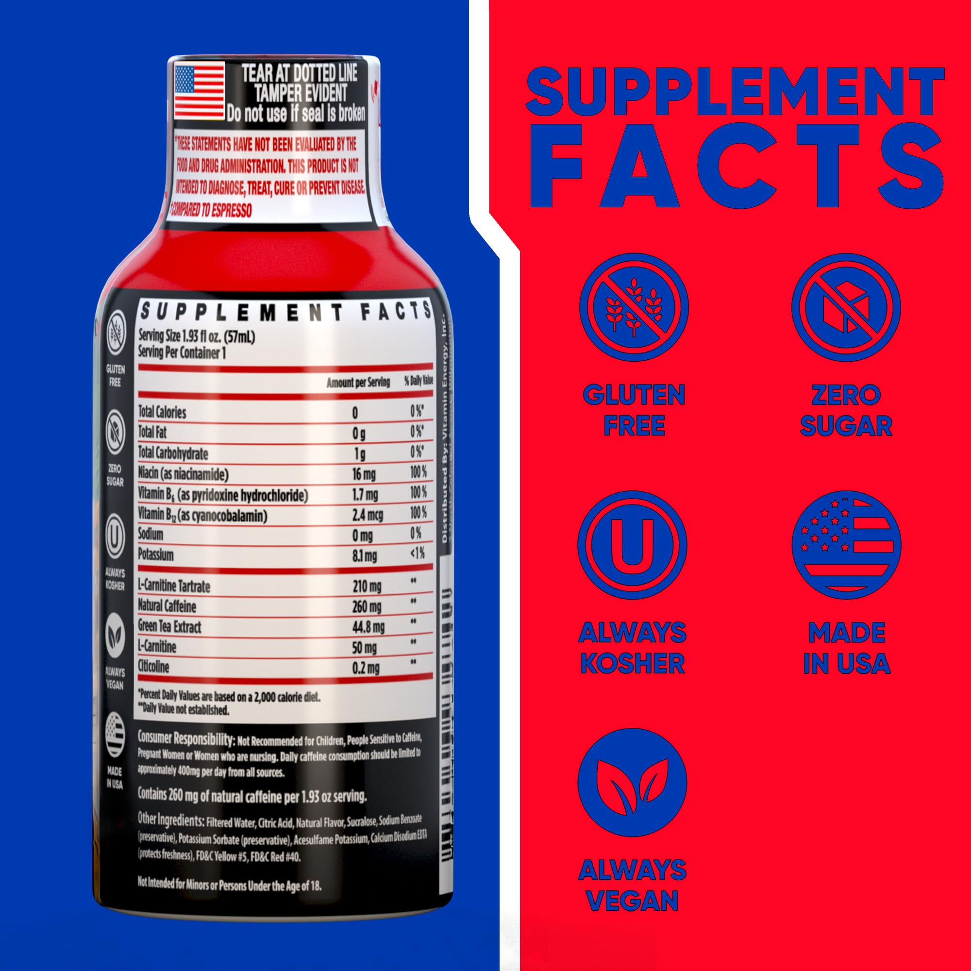 Vitamin Energy Focus+ Extra Strength Shot, Fruit Punch, 24 Pack – 260mg Natural Caffeine, CoQ10 & B-Vitamins, Zero Sugar, 1.93 fl oz