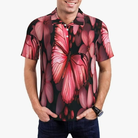 Haiem pink butterfly Pattern Mens Polo Shirts Quick Dry Short Sleeve Golf T Shirt Performance Moisture Wicking Casual Workout-3X-Large