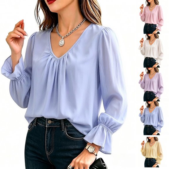 Asgosdo Womens Long Sleeve Shirts V Neck Pleated Solid Color Dressy Casual Elegant Tops Vacation Fall Blouses