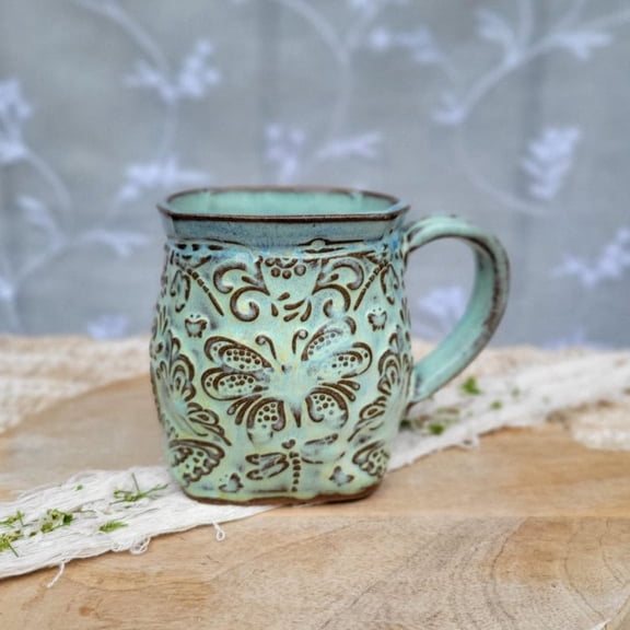 16oz Square Turquoise Mug with a Butterfly Pattern, Ceramic Coffee Cup, Hand-Built Stoneware Pottery Mug, Ceramic Mugs for Water Tea Coffee Milk Juice