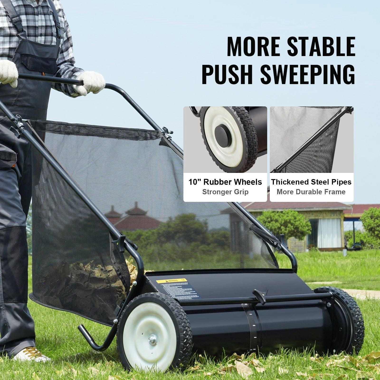 26 Push Lawn Sweeper 7 Cubic Feet Large Capacity Straw Bag 4 Rotary Brush, Thickened Steel Frame, Rubber Wheels, Durable Deciduous Clover Collection