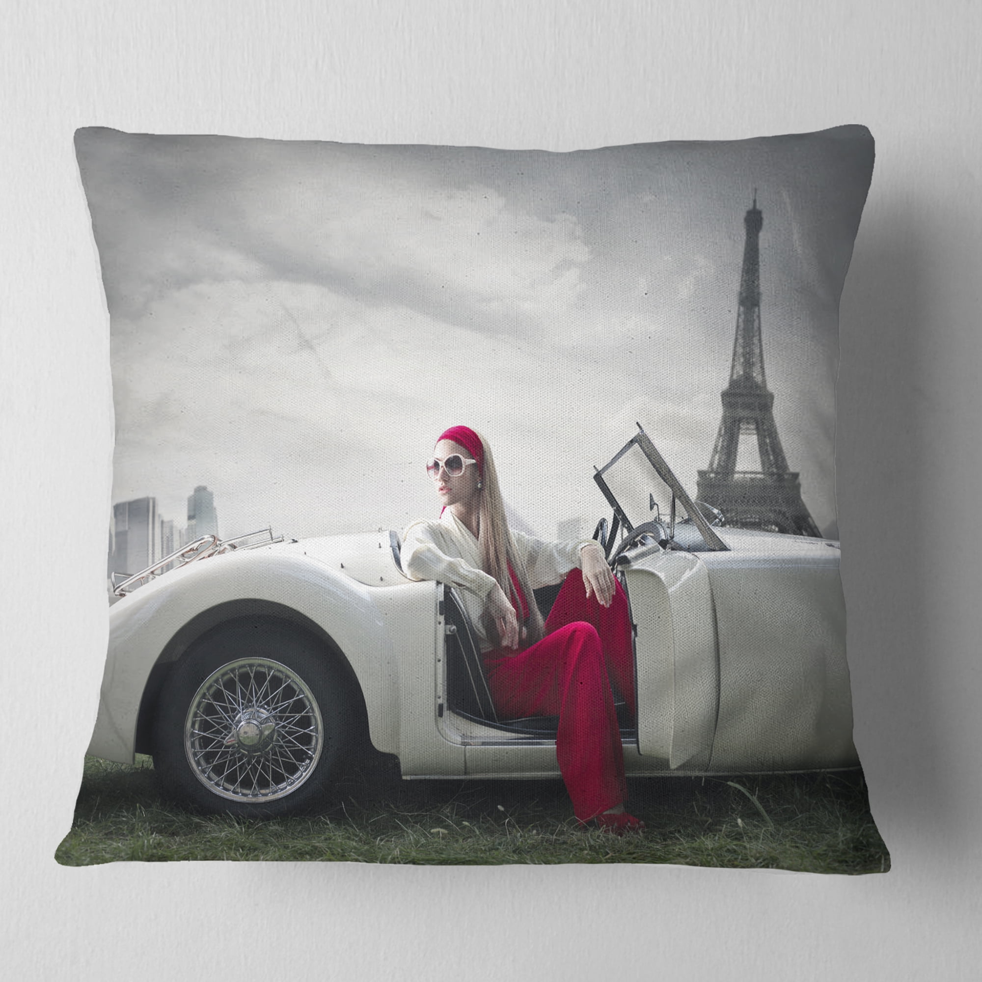 Designart Fashion Woman in Car - Cars Throw Pillow - 16x16