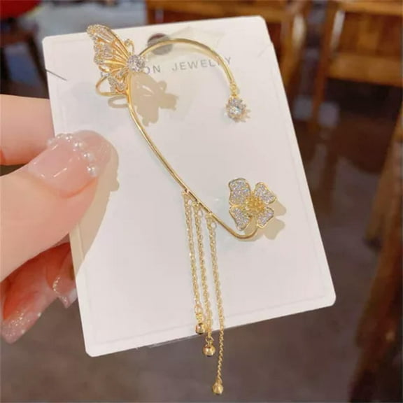 GKNET Butterfly Tassel Style Zircon Earrings Clip Non Piercing Wrap Delicate Jewelry Earring-Gold (right)
