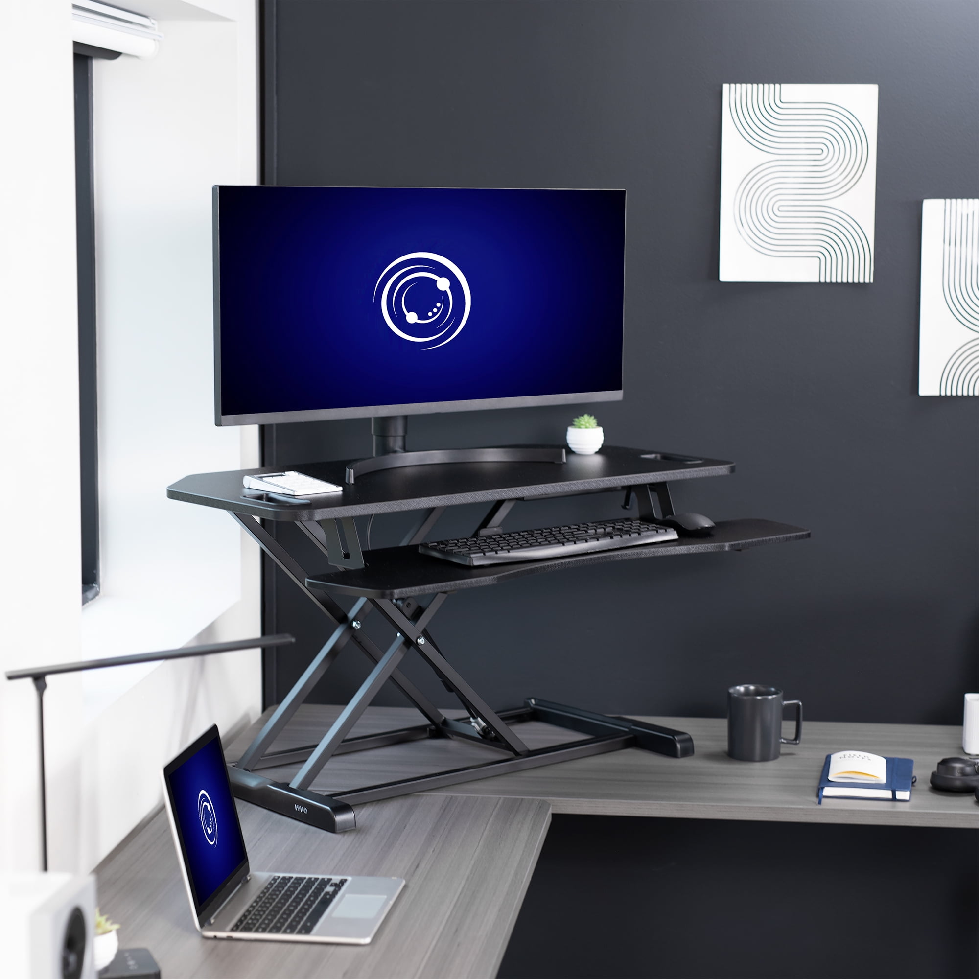 VIVO Black Height Adjustable Corner Desktop Monitor Riser 38" Sit Stand Tabletop