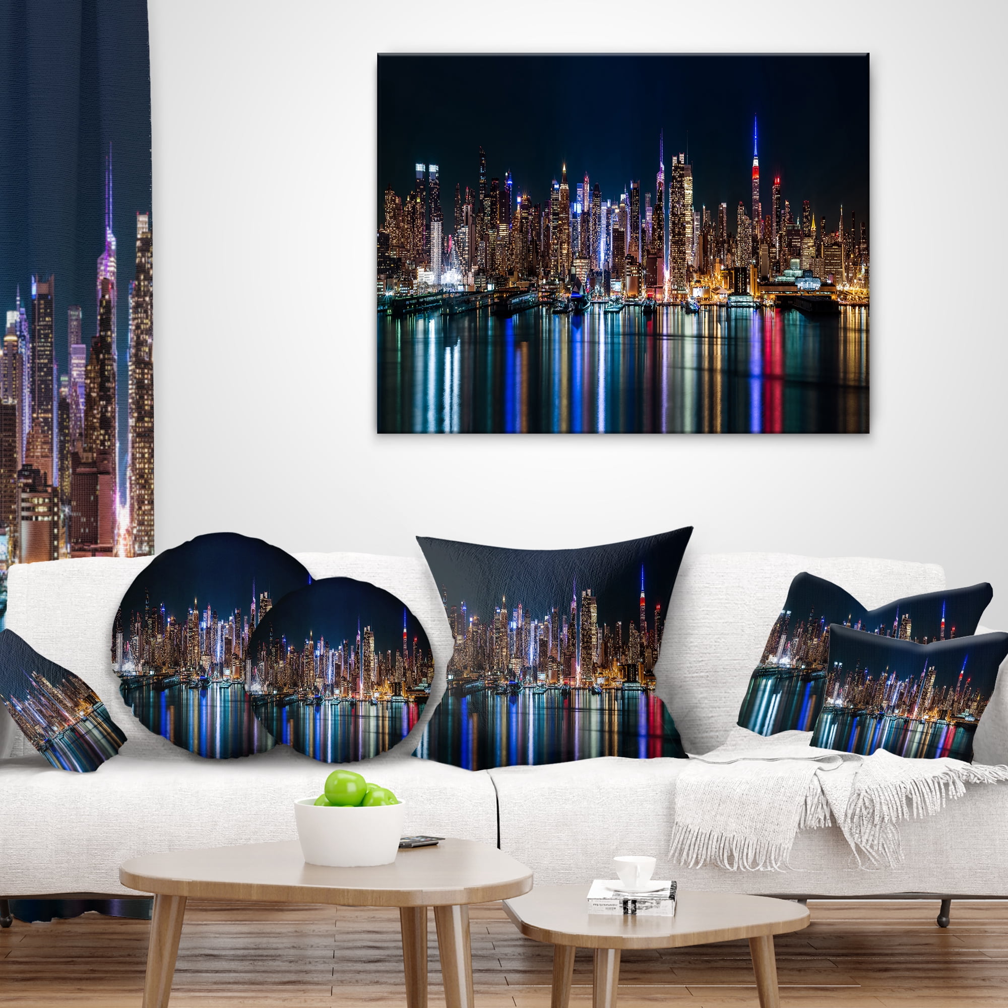 Designart New York Midtown Night Panorama - Throw Pillow - 16x16