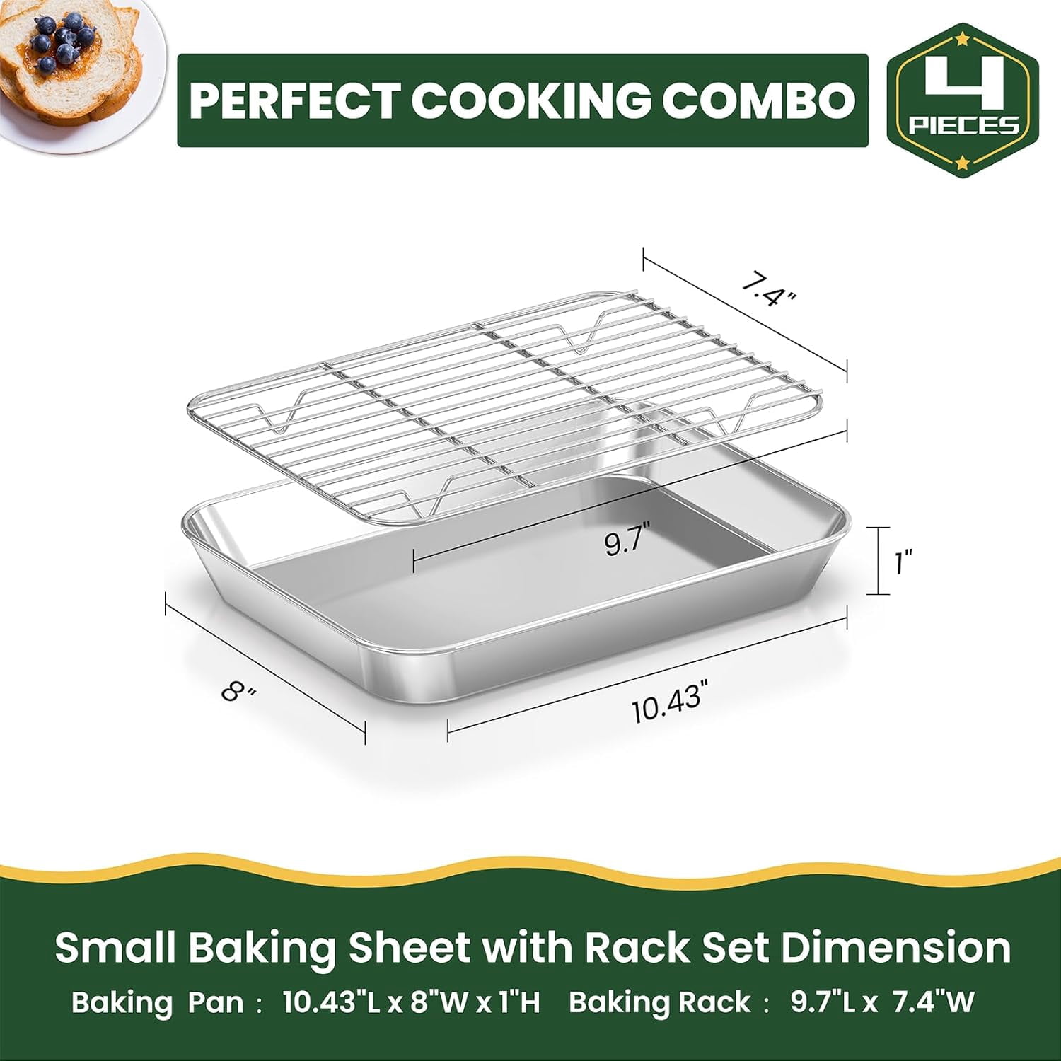 Small Baking Sheet & Rack Set (2 Baking Pans + 2 Baking Racks), Stainless Steel Cookie Sheet & Cooling Rack, Nonstick Baking Tray, Non Toxic & Heavy Duty & Easy Clean, Size 9 x 7 x 1 Inch