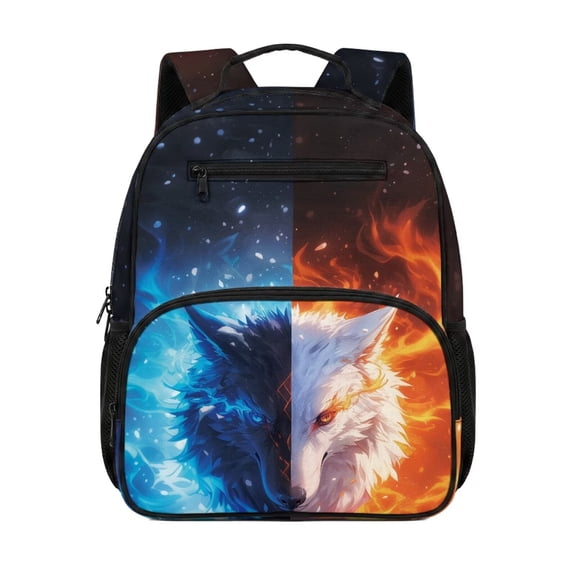 chaqlin Blue Red Flame Wolf Small Bookbag for Kids Backpacks Toddler 13.5 Inches Backpack with Front Zipper Breathable Mini School Daypack Travel Ruckpack