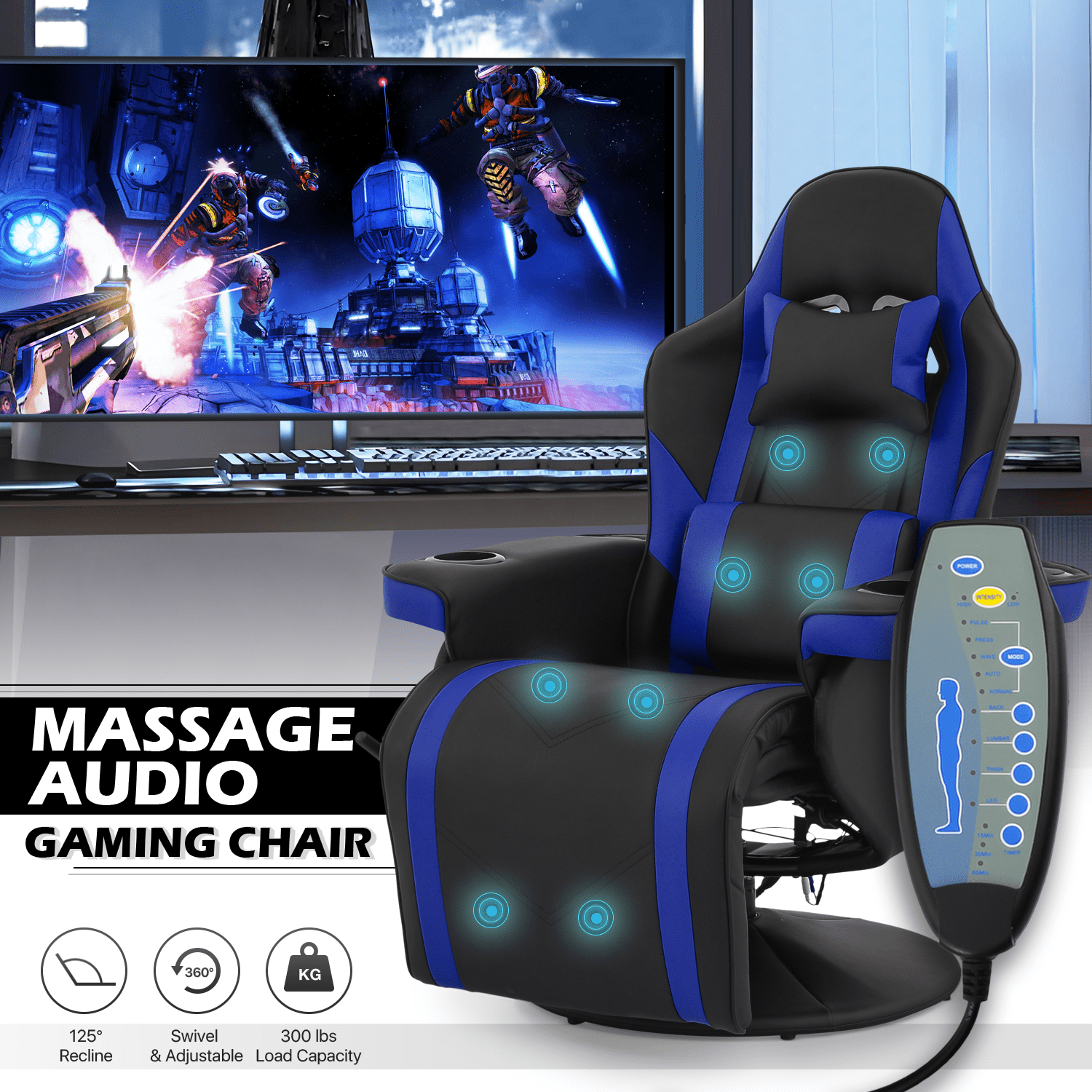 Massage Gaming Recliner Chair with Speaker, Gaming Chair Lumbar & Headrest, Ergonomic Theater Chair with Cup Holder, Blue - Walmart.com
