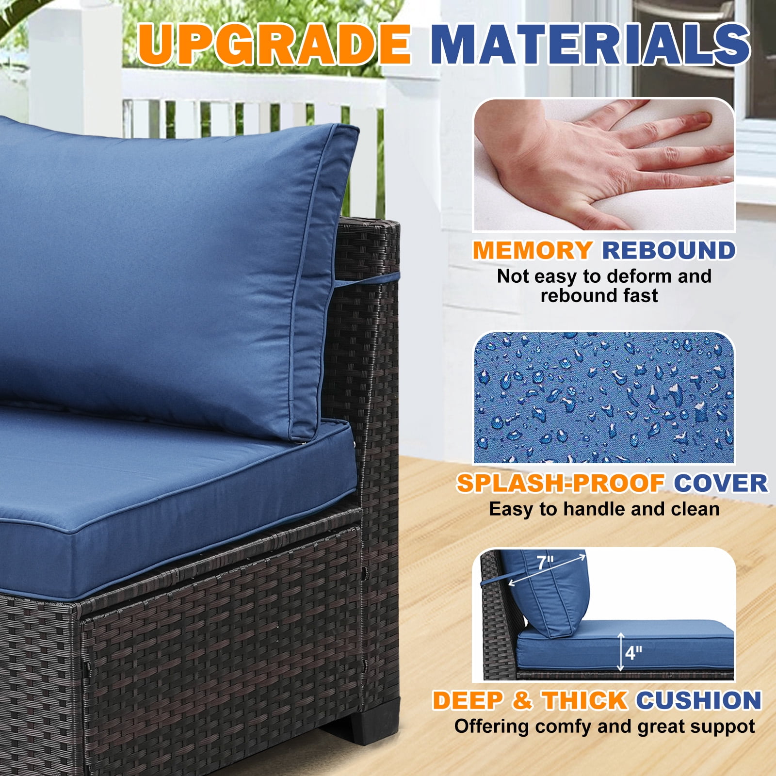 TerraRelax 8 Pieces Patio Furniture set All-Weather Outdoor Wicker Sectional Conversation Sofa Rattan patio seating sofa with cushion and Glass Table and Ottoman for Porch Poolside,Navy