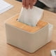thumbnail image 2 of Caja de pañuelos de plástico con tapa de madera, servilletero redondo o cuadrado, dispensador de papel tisú húmedo, organizador moderno para el hogar y el automóvil, 2 of 5