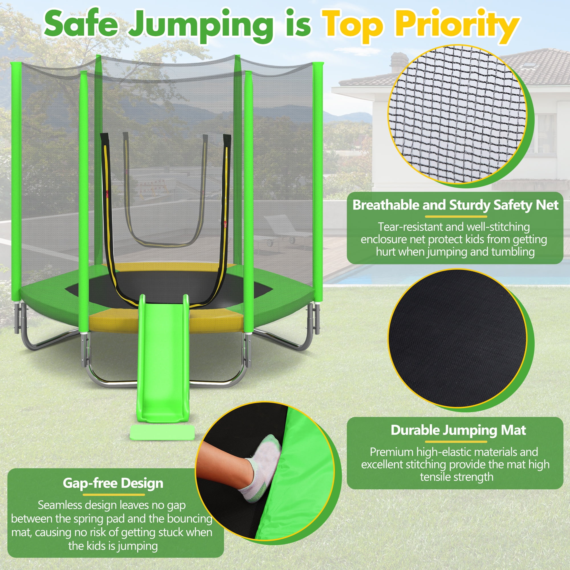 7FT Trampoline for Kids with Safety Enclosure Net, SEGMART Toddler Trampoline with Removable Slide, Upgrade Recreational Trampoline with Jumping Mat for Indoor Outdoor Backyard, Green