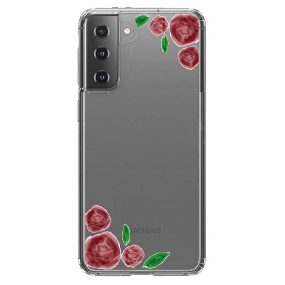 DistinctInk Clear Shockproof Hybrid Case for Galaxy S21 5G (6.2" Screen) - TPU Bumper, Acrylic Back, Tempered Glass Screen Protector - Watercolored Roses