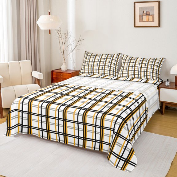 Homewish Buffalo Plaid Child Queen Sheet Sets, Modern Abstract Artwork Flat Sheet, White Yellow Stripes Line Queen Fitted Sheet, Luxury Bedroom Decor, 4pcs