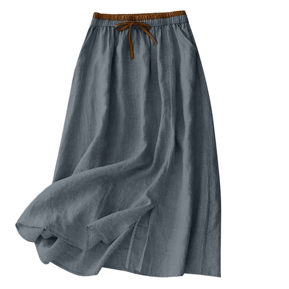ZGRBOU Cotton Linen Maxi Skirts for Women with Pockets High Waist A-Line Split Midi Long Skirt Casual Beach Party Holiday Skirt
