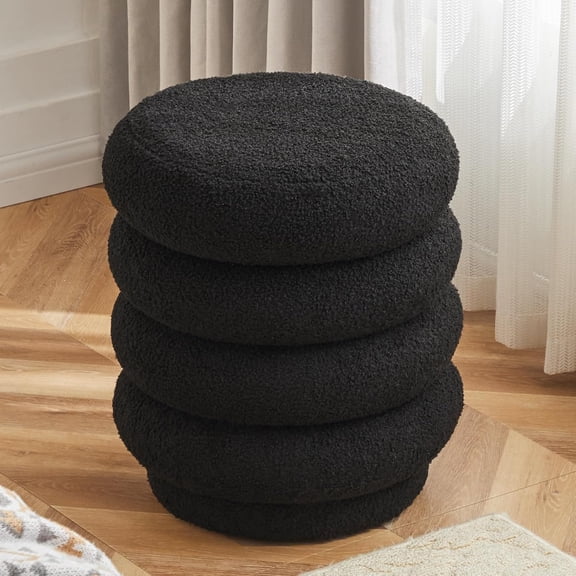 17.5'' Round Ottoman Foot Stool Fabric Storage Footrest Vanity Stool Chair, Modern Sherpa Upholstered Padded Seat with Lid for Living Room/Bedroom/Small Space/Make Up, Black