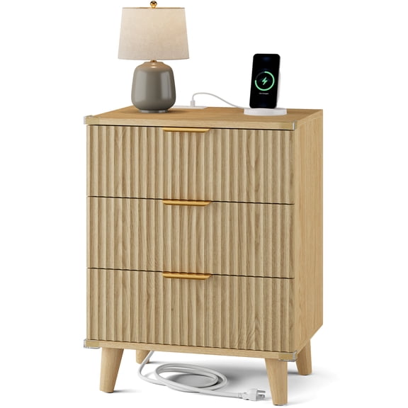 GIKPAL Night Stands for Bedroom, Modern Bedside Table with 3 Drawers & Charging Station,Fluted Panel End Tables for Bedroom & Living Room, Natural