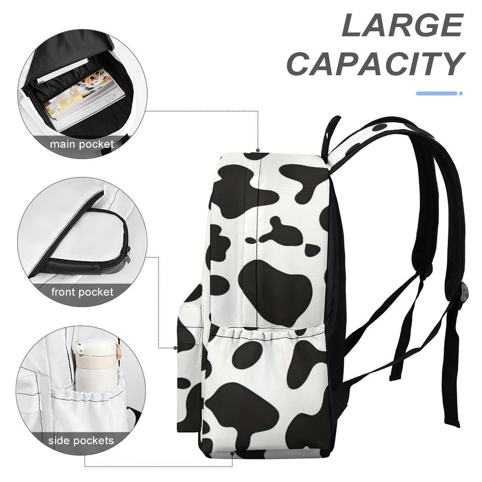 Large Capacity Half Print Backpack 11.8×16.5×5.9in Multifunctional Zipper Design Convenient Switch Simple Cow Print Pattern, Vector Art Style_3