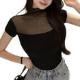 thumbnail image 2 of Olyvenn Womens Summer Short Sleeve Tops Sheer Mesh Square Neck Ribbed Slim Fitted Shirts Casual Tee Tshirt Black S, 2 of 7
