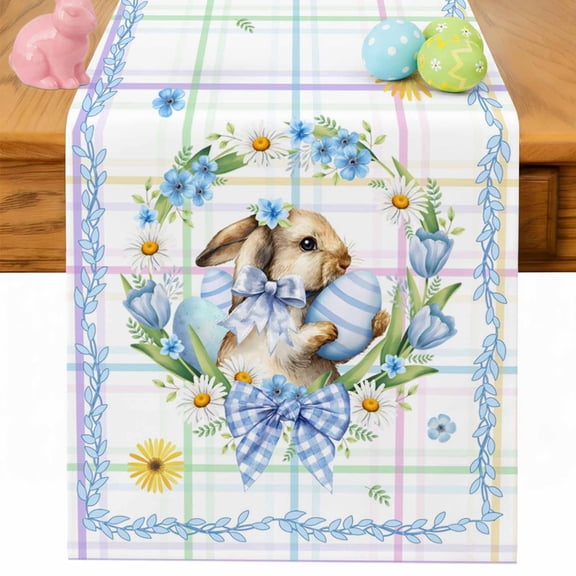 Watercolor Easter Table Runner 120 Inches Long for Kitchen Dining, Cute Rabbits Flower Wreath Eggs Bow Plaid Dresser Scarf Farmhouse, Dining Table Decorations for Wedding/Parties, 13 x 120 In