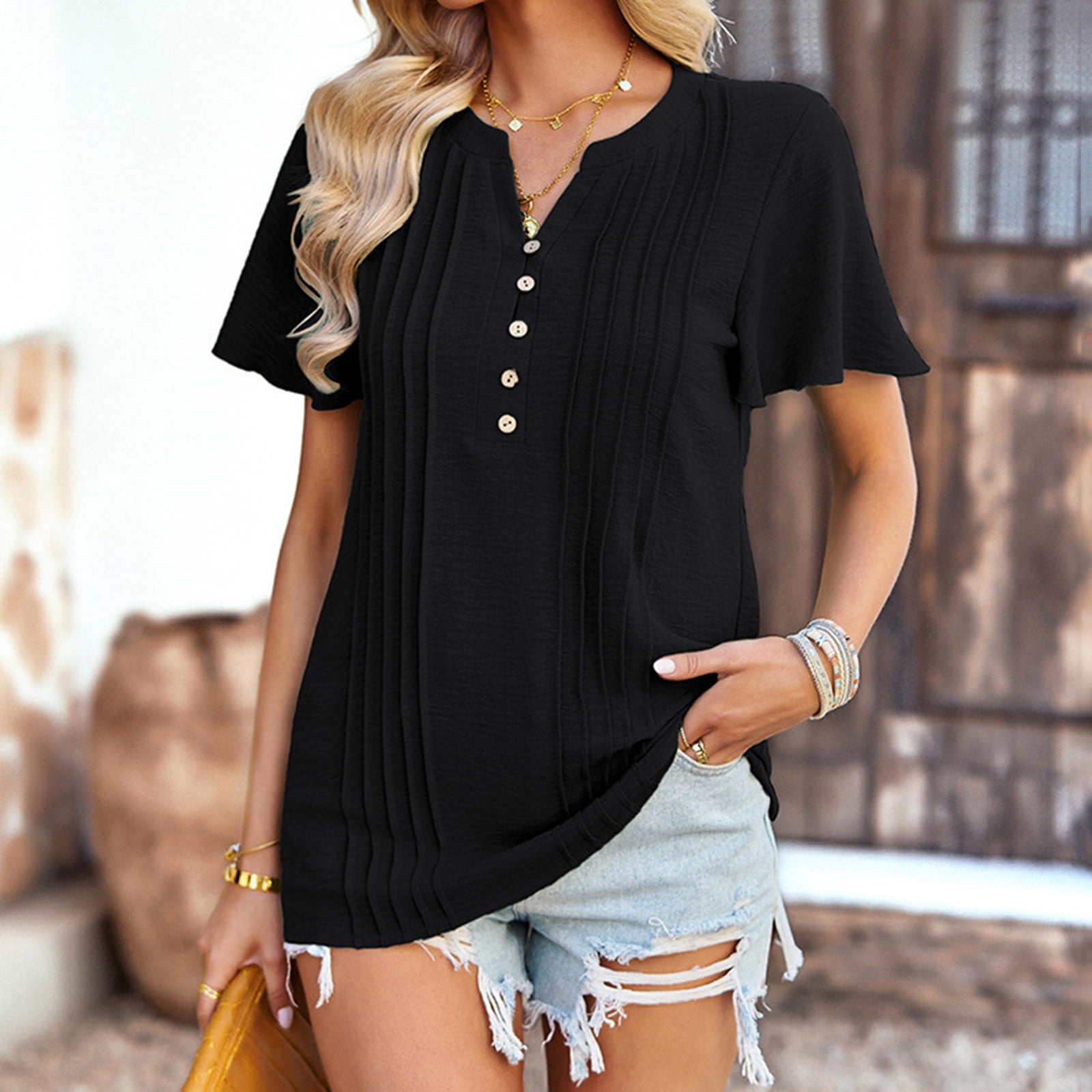 ZQGJB Womens Business Casual Tops Reduced Price Short Sleeve Casual Button  Down Tshirt Top Trendy Solid Color Ruched Flowy Tunic Top Relaxed Fitted  Comfy Hem Blouse Black M 