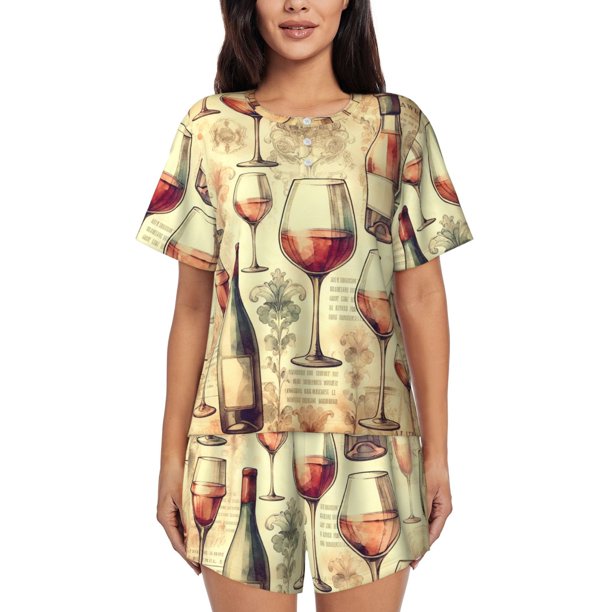 Balery Wine Conjunto de Pijama para Mujer con Estampado, Dos Piezas de Manga Corta y Shorts, Ropa de Dormir Suave con Cuello Redondo y Bolsillos-Small
