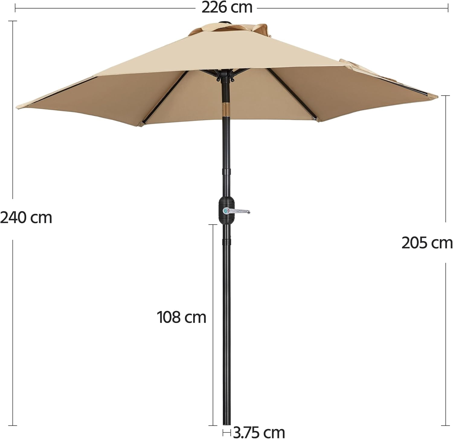 Themis 7.5FT Patio Umbrella Market Umbrella with 6 Ribs Push Button Tilt and Crank Garden Table Umbrella for Garden, Deck, Backyard, Pool, Beach Tan