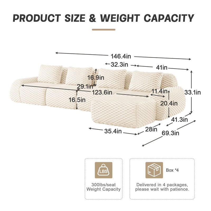 146" Modern L-Shaped Modular Sectional Sofa for Living Room,Flannelette Fabric,Oversized 4-Seater Couch,boneless sofa ,Movable Ottoman,Buckle connection,Anti-slip Design,No Assembly,White