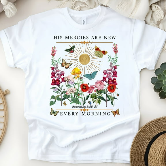 Lamentations 3:22-23 Shirt – Sun and Butterfly Faith T-Shirt for Women, White, Size S
