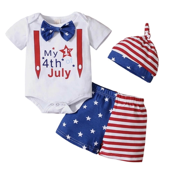 Linfrsh Baby Boy 4th of July Outfit Cute Letter Short Sleeve Romper Stars and Stripes Pants Hat Infant Summer Clothes,Red