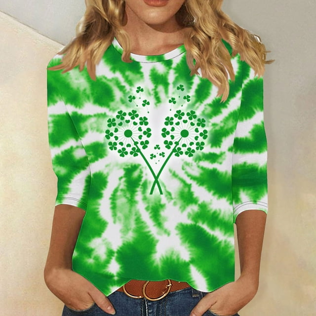 TaTaai Women Plus Size St. Patrick's Day 3/4 Sleeve T Shirts Loose Casual Round Neck Printed Pullover Tops Soft Lightweight Daily Holiday Outfits Gift