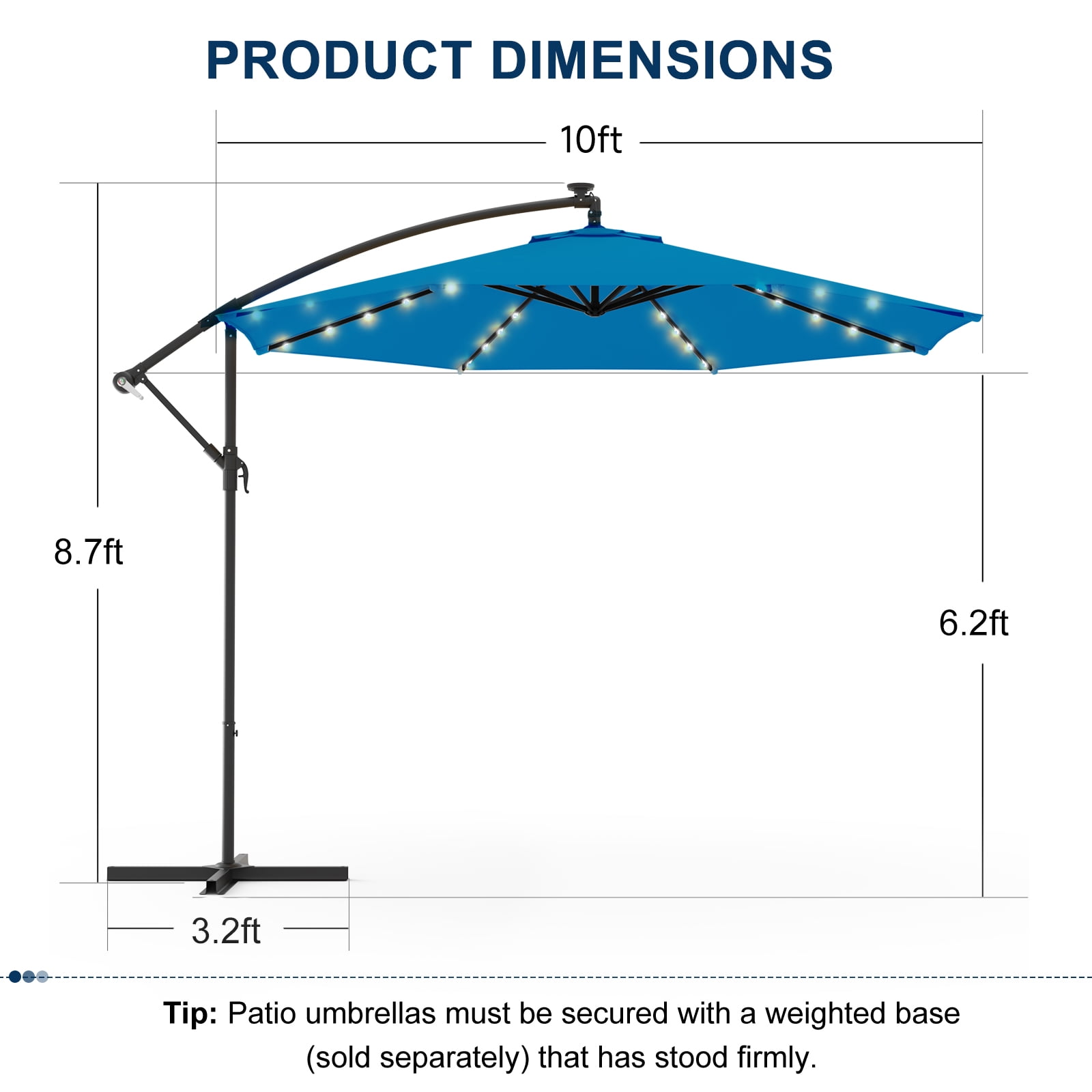 EROMMY 10FT 40 LED Solar Lighted Patio Umbrella,Outdoor Offset Cantilever Umbrella, Infinite Tilt, Crank and Cross Base, UV Protection for Backyard, Lawn, Garden & Pool