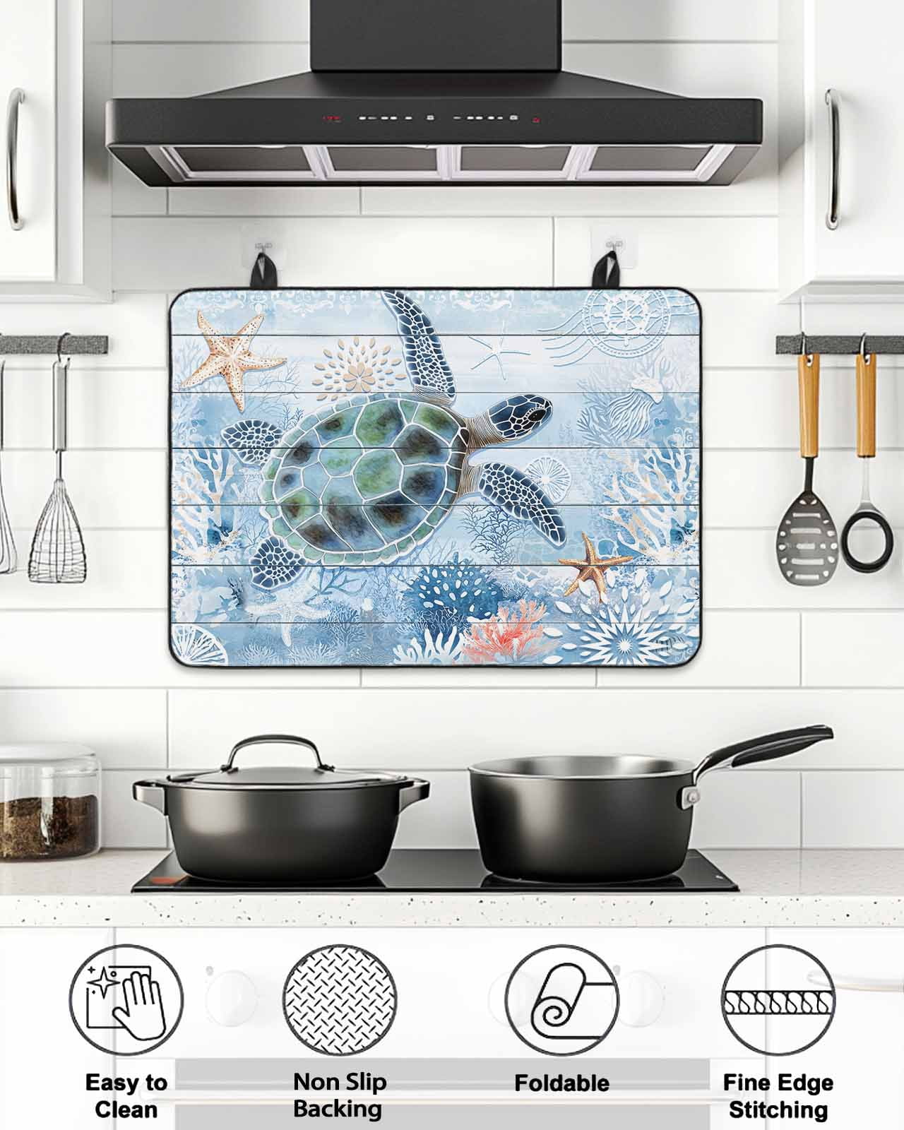 Stove Top Covers for Electric Stove, Ocean Turtle Glass Stovetop Cover Protector, Blue Coral Coastal Starfish Nautical Shell Induction Cooktop Protector Oven Mat for Kitchen Countertop 24"x21"
