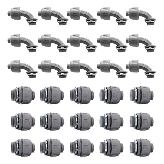 30 conectores sellados de 3/4" para conductos eléctricos, no metálicos, de PVC flexible (rectos + 90 grados).