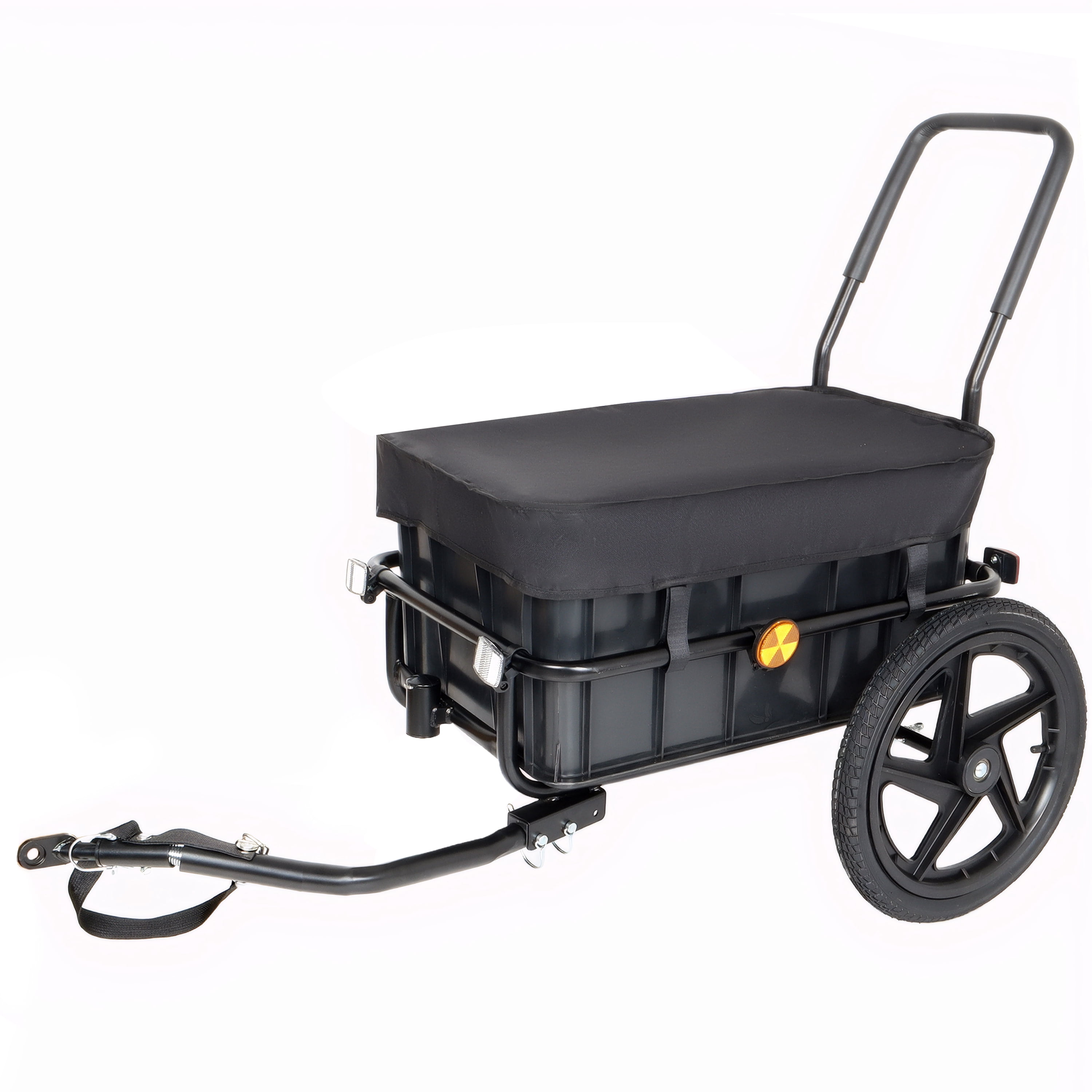 2-in-1 Bike Cargo Trailer Pushcart, Bicycle Trailer with Removable Box and Waterproof Cover, Black, Pushcart Stroller with Tow Hitch and Removable Handlebar, Black
