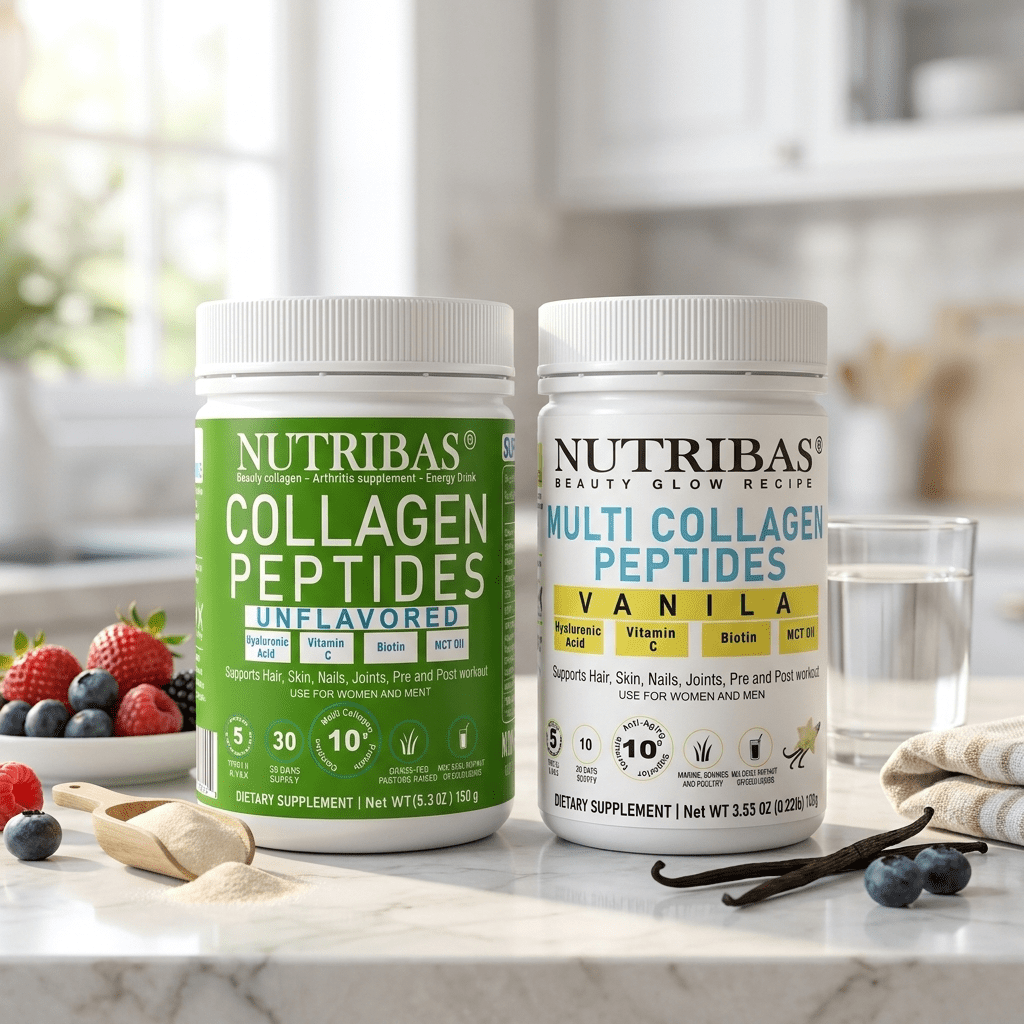Nutribas Protein Multi Collagen Peptides Powder for Whole Body Support with MCT, Vitamin C, Biotin & Hyaluronic Acid, Unflavored & Vanilla, 9 oz