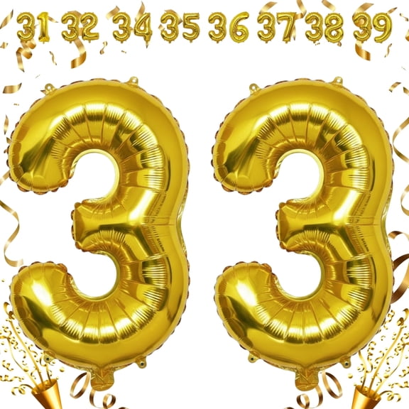 Gold 33 Number Balloon 32 inch Big Helium & Air Inflation Foil Mylar Self-Seal Balloons for 33rd Birthday, Anniversary, Graduation Party Decorations