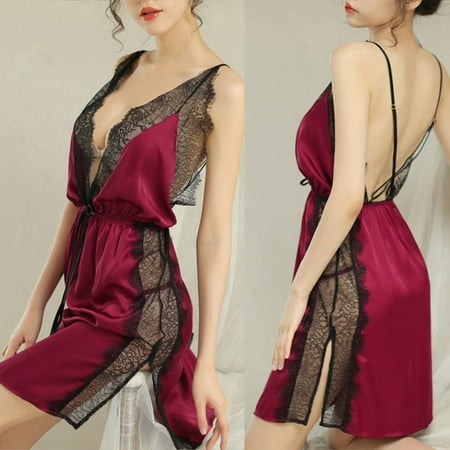 

Lyinloo Women Dress Ladies Cute Girl Solid Erotic Lingerie Sexy Lingerie Backless Lace Sling Split Simulation Silk Night Suit Red One Size