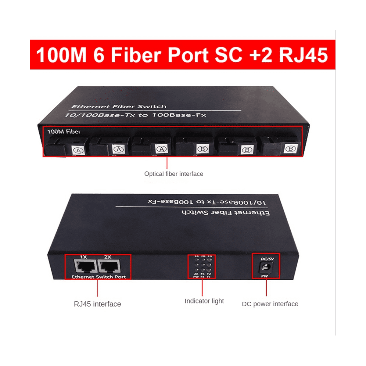 6Port 10/100M Ethernet Switch 6 Fiber Port 25KM 2UTP RJ45 Fiber Optical Transceiver Optical Media Converter US Plug